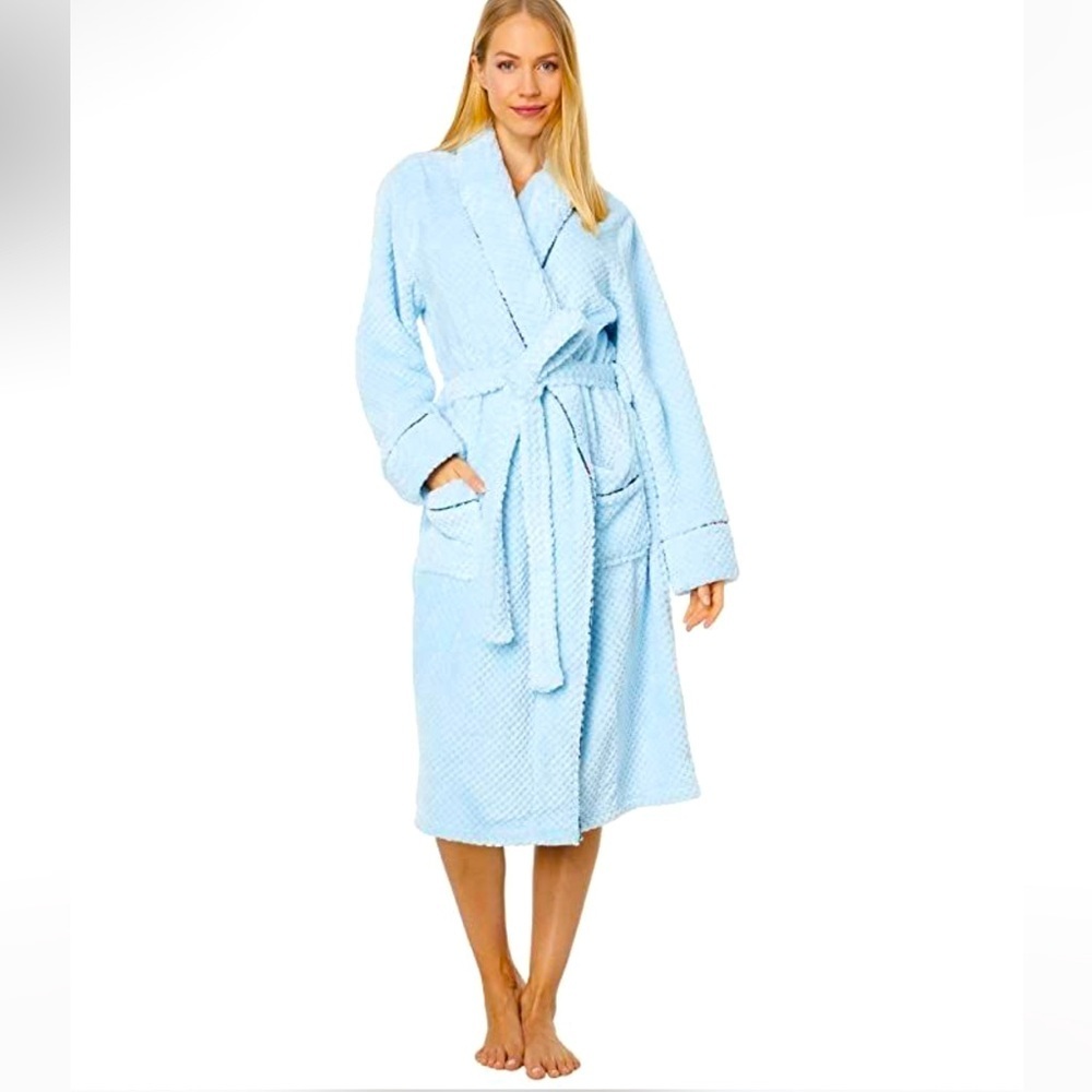 Vera Bradley NWT Baby Blue Rose Toile Plush Fleece Spa Robe Women’s Sz M